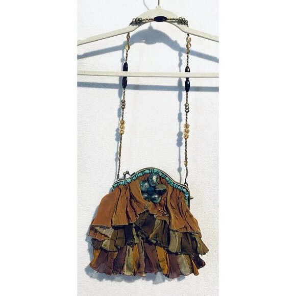 Mary Francis Shoulder Bag Purse Rock My Soul Boho Turquoise Silk Ruffle Beaded - Picture 1 of 5